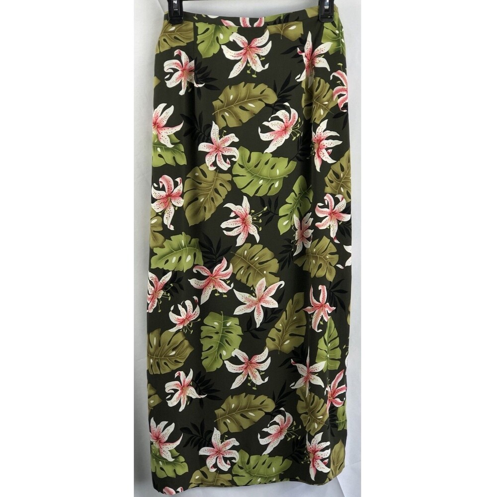 Vintage Midi Skirt 12 Green Floral A-line 28”W Tie Accent Tropical Coconut Girl
